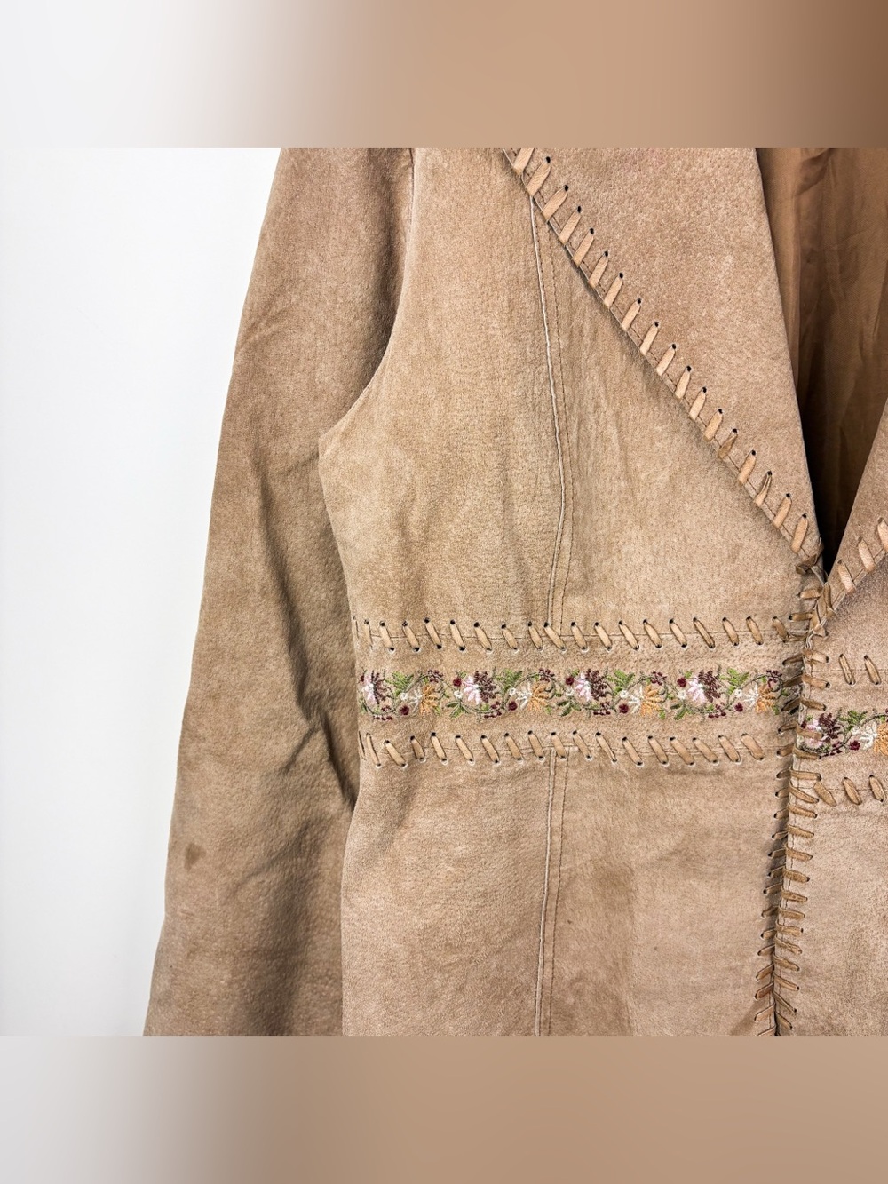 Vintage Western Whipstitch Floral Embroidered Suede Leather Jacket Coat Tan XL - Picture 2 of 9